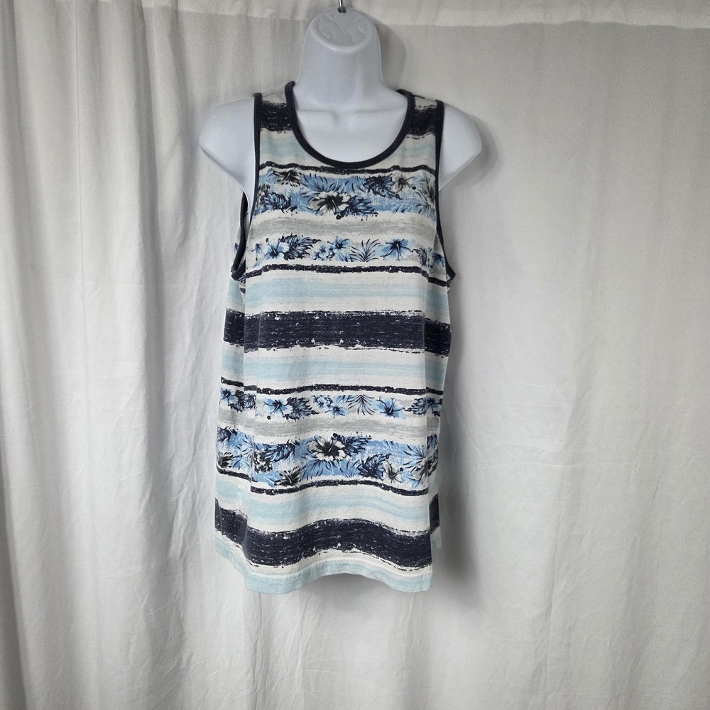 George Tank Top Mens Small Blue Striped Tropical Hawaiian Sleeveless Shirt